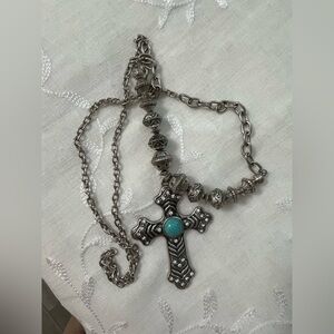 Elegant Silver Tone  Cross Necklace with Turquoise Accent